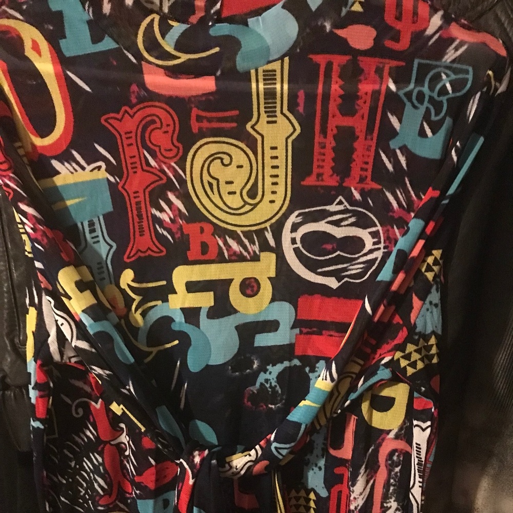 Plus 2XL Graffiti Style Body Suit. Mock Neck. See-Through. Long Sleeves. OOAK